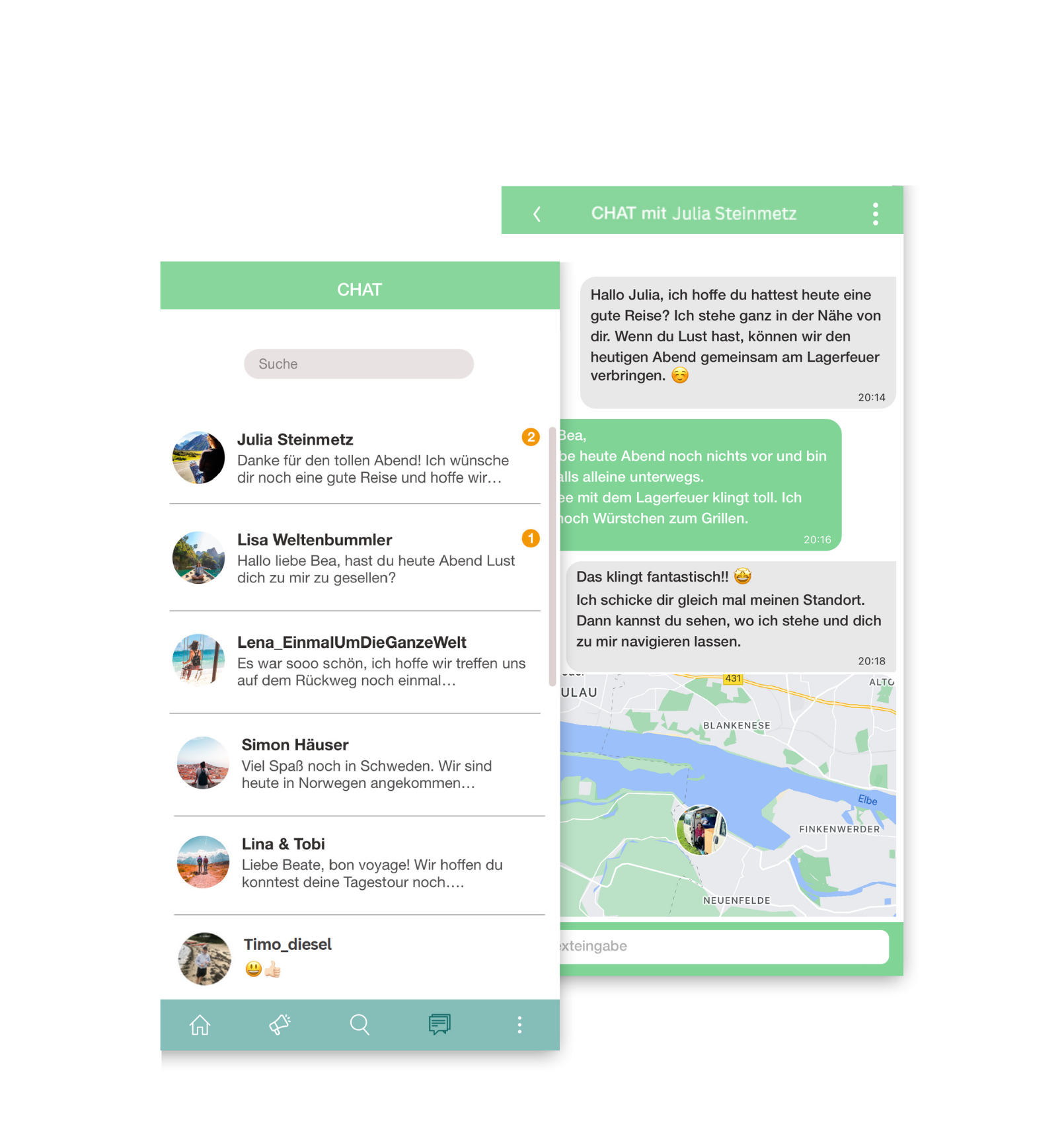 Zwei Screenshots der Chat Funktion in der Camp'n'Connect App