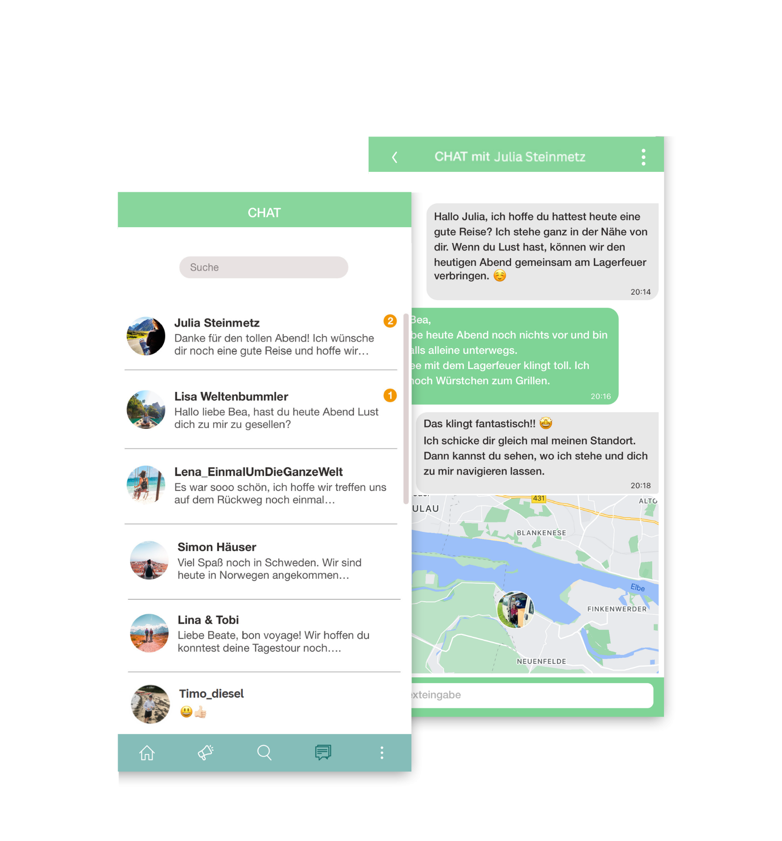 campnconnect-app-camping-community-chat Zwei Screenshots der Chat Funktion in der Camp'n'Connect App