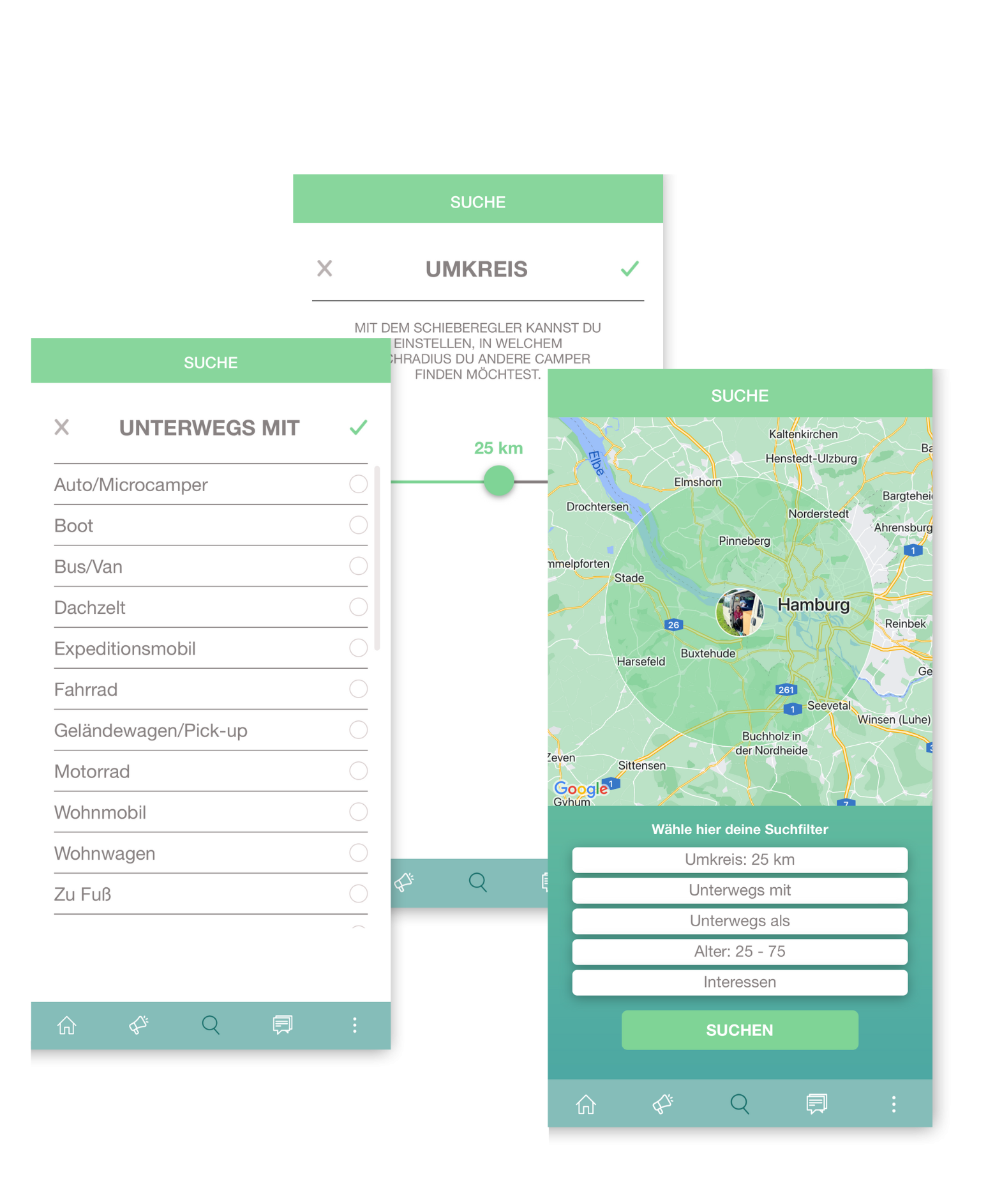 campnconnect-app-camping-community-suche Drei Screenshots der Umgebungssuche in der Camp'n'Connect App
