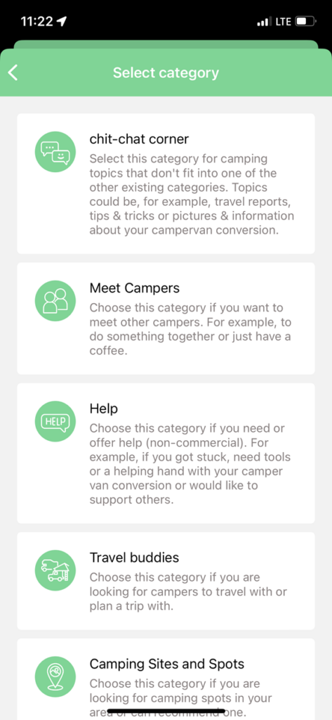 Screenshot that shows which categories you can choose for your feed posts in campnconnect app